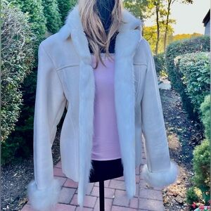 Lisa International Creamy white  Jacket with white Faux Fur trim and  fur lining